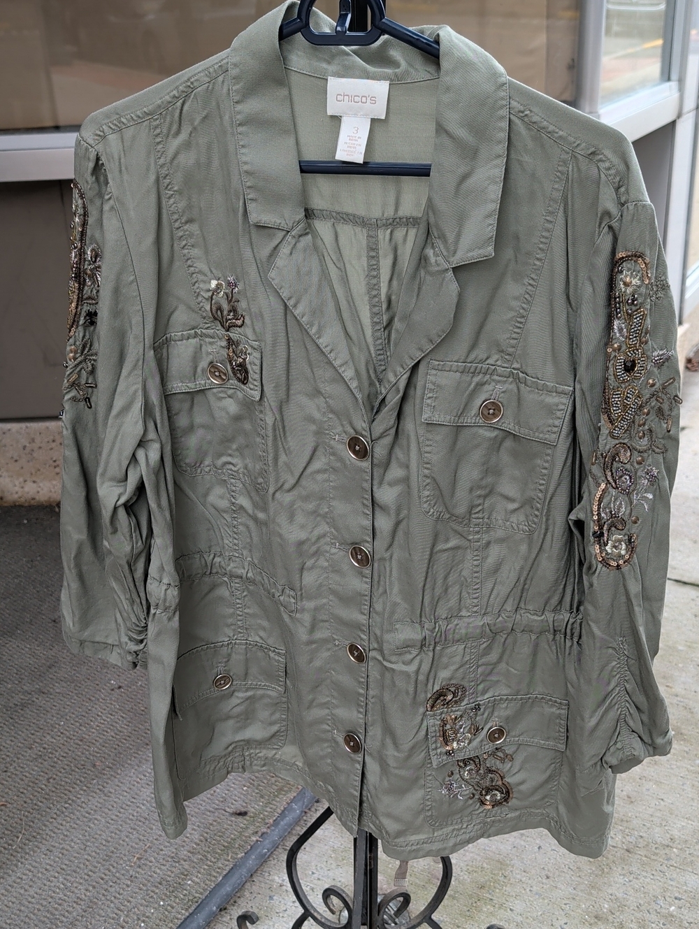 Chico's Olive Green Embroidered Utility Jacket Drawstring Waist